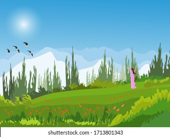 View of green field with mountian and   forest background