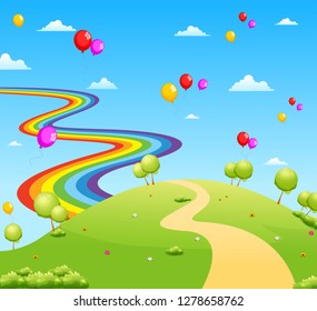 the view of the green field with some trees and balloon