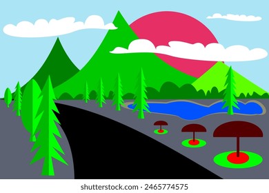 view of green mountains with a big red sun without harsh rays