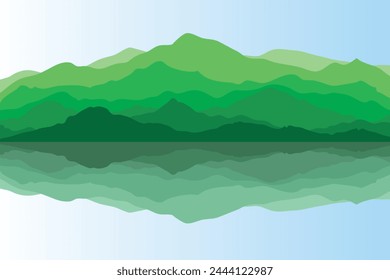 View of green mountains with reflection in lake. Vector illustration