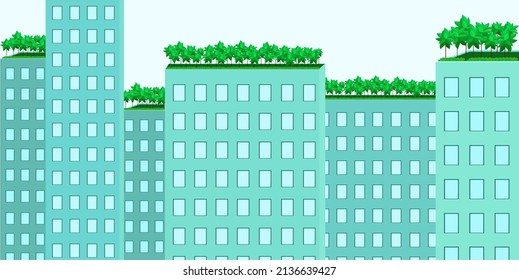 View of the green roofs with gardens, bushes, trees. Urban garden, ecology. Plants on the roofs, gardening. Cartoon llustration of a green city for your design. Vector stock llustration