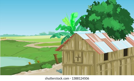 Aussicht auf die Landschaft des grünen Dorfes mit Holzhaus im asiatischen Dorf - Vektorillustration