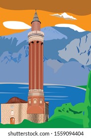 View of Grooved Minaret (Yivli Minare) Kaleici - Antalya, Turkey. Vector freehand pencil sketch.