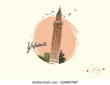 View of Grooved Minaret (Yivli Minare) Kaleici - Antalya, Turkey. Vector illustration