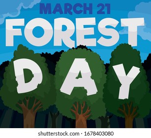 View of a grove with trees holding letters forming a greeting message to celebrate Forest Day in March 21.