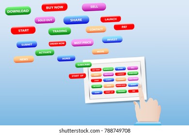 View of the hands holding tablet and touching buttons on the screen. Another buttons are flying out to the sky. 