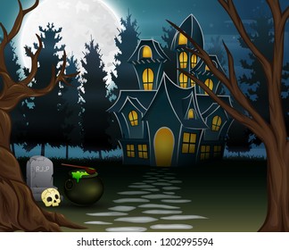 View of a haunted house with the background of a full moon