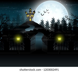 View of a haunted house with a background of full moon