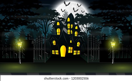 View of a haunted house with a background of full moon