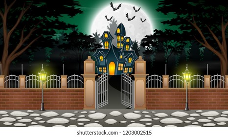 View of a haunted house with a background of full moon and green light