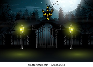 View of a haunted house with a background of full moon