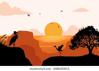 Vista de una garza en un acantilado del lago. Plantilla de diseño de póster de Ilustración vectorial de verano