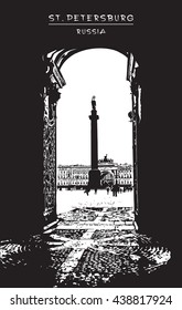 View from a high arch on Palace Square. Black and white vector illustration.
EPS 10. Easy editable image. Result of Auto-Trace.