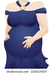 View Of High Society Elegant Pregnant Mom, Wearing A Fancy Blue Dress And Touching Her Belly.