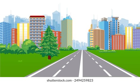 View of highway leading to modern city. Vector illustration.