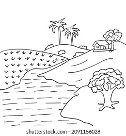 Vista del pueblo montañoso Vector art para los niños coloreados libro Ilustración en blanco y negro.