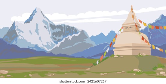 View of the Himalayas, Buddhist stupa decorated with flags. Mountain horizontal landscape of Nepal. Vector illustration, flat style. Religious place of worship and prayer.