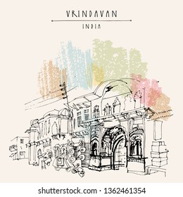 View of holy city of Vrindavan, India. Sacred Krishna place. Vintage hand drawn postcard