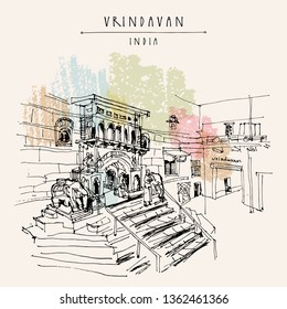 View of holy city of Vrindavan, India. Vintage hand drawn vector postcard