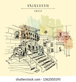 View of holy city of Vrindavan, India. Sacred Krishna place. Vintage hand drawn postcard