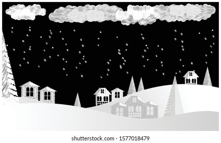 View at home and ate on a winter night. Pencil drawing for children. Vector image