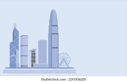 Vista del puerto de Hong Kong. Distrito de Wan Chai. Rueda de observación. Panorama negro en el horizonte de la ciudad de Hong Kong aislado. Ilustración vectorial. El horizonte de la ciudad de Hong Kong. Paisaje urbano con todos los edificios famosos.