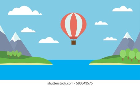 View of a hot air balloon flying over the sea between the two islands, mountains, trees and snow - vector	
