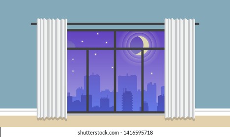 View from the house to the city center at night. Night city vector illustration. Dark urban scape. Night cityscape in flat style, abstract background.