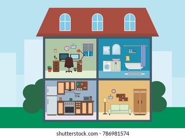 View of the house from the inside flat vector illustration. Apartment inside. Rooms with furniture. House design, living room, kitchen, home offic, bathroom.