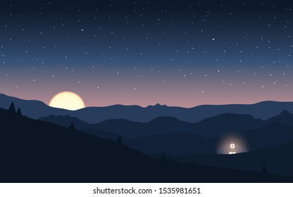 View house light and moon in mountain at night. Vector Illustration.