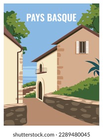 view with house at Pays Basque, France. vector landscape background with color style.