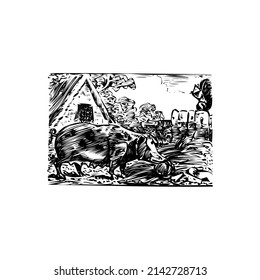 The view of the house and the pig in front of the house. Free background. simple vector.