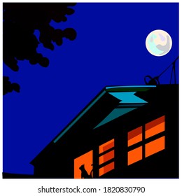 
the view of the house, the roof and the cat sits in the window, looks out the window, outside the window is night, the moon is shining in the sky