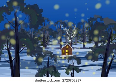 Vista de una casa en un bosque nevado en invierno