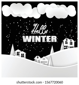 View of the houses and ate in winter. Snowfall at night. Art paper and craft. Words hello winter! Vector image