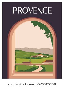 view of houses and fields in Provence, France. travel poster vector illustration in colored style.