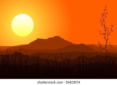 View of huge mountains in the evening - vector