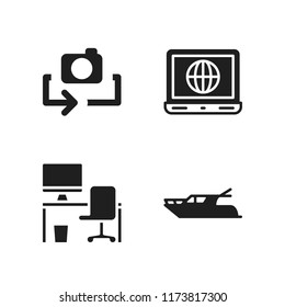 view icon. 4 view vector icons set. laptop, flip camera and yatch icons for web and design about view theme
