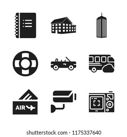 view icon. 9 view vector icons set. big house building of three floors, building striped modern tower and photo camera icons for web and design about view theme