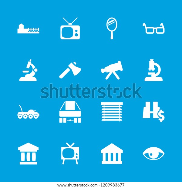 View icon.\
collection of 16 view filled icons such as telescope, bank, tv,\
glasses, avenue, window shutter, military car, microscope. editable\
view icons for web and\
mobile.