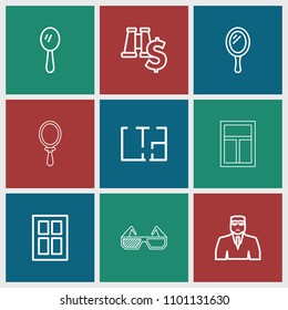 View icon. collection of 9 view outline icons such as window, mirror, security guy, binoculars with dollar sign, plan. editable view icons for web and mobile.