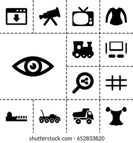 View icon. set of 13 filled viewicons such as train toy, toy car, blouse, grid, avenue, tv set, eye, military car, tv, telescope, download cloud