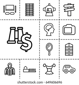 View icon. set of 13 outline view icons such as shutter blinds, toy car, mirror, blouse, hoodie, luggage compartment in airplane, human brain, camera display, avenue, tv set