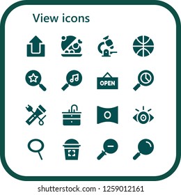  view icon set. 16 filled view icons. Simple modern icons about  - Upload, Salver, Microscope, Basketball, Search, Open, Flashlight, Sink, Panorama, View, Zoom, Glass, Zoom out