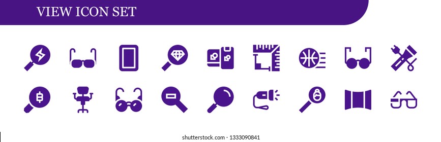 view icon set. 18 filled view icons.  Collection Of - Search, Glasses, Mirror, Magnifying glass, Computing, Angle, Basketball, Flashlight, Chair, Zoom out, Panoramic, 3d glasses
