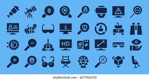 view icon set. 32 filled view icons. on blue background style Simple modern icons such as: Spyglass, Monitor, Porthole, Zoom in, Telescope, Grid, Zoom out, Magnifying glass, Search