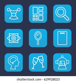 View icon. set of 9 outline view icons such as mirror, cutting board, blouse, luggage compartment in airplane, human brain, search, grid, eye scan