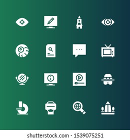 view icon set. Collection of 16 filled view icons included Obelisk, Searching, Virtual reality, Microscope, Detective, Youtube, Television, Mirror, Comment, Search, Eyeball, Eye scan
