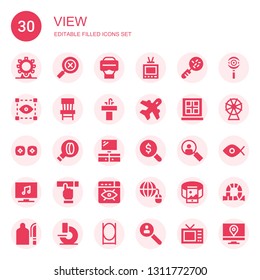 view icon set. Collection of 30 filled view icons included Ferris wheel, Search, Virtual reality, Television, Loupe, Visual, Chair, Sink, Aviation, Window, Vr, Magnifying glass