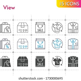 view icon set. included shopping bag, package, shirt icons on white background. linear, bicolor, filled styles.